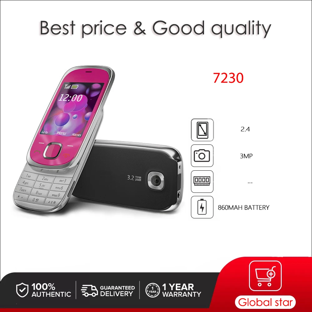 Original Unlocked 7230 3MP Bluetooth FM Bluetooth Mobile Phone Russian Arabic Hebrew Keyboard Made in Finland