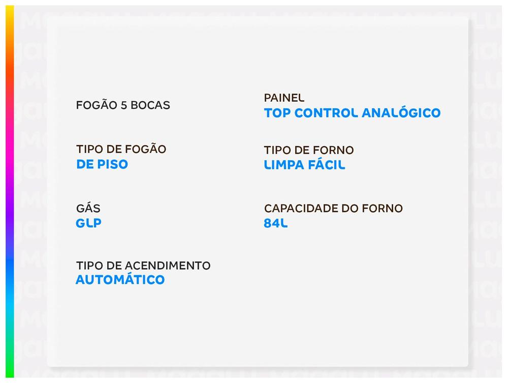 Fogão 5 Bocas Esmaltec Preto Mesa de Vidro Esmaltec Ideal Top Glass - Bivolt
