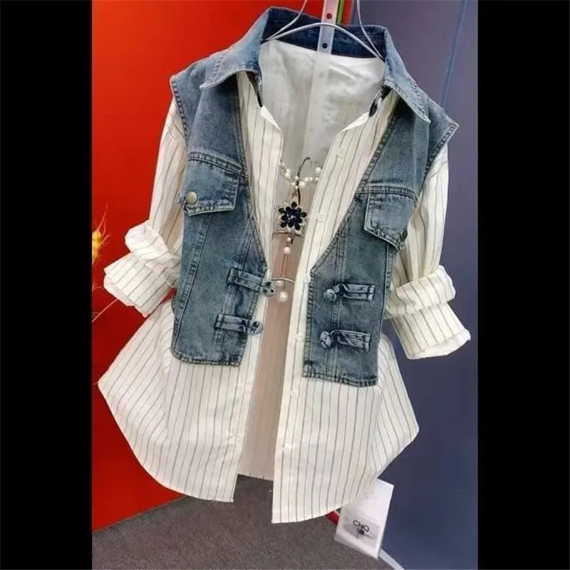 Diseño de moda Sense Chaquetas vaqueras a rayas camisa de mujer Primavera novedad de verano vaquero empalme falso dos piezas camisa abrigo Top mujer
