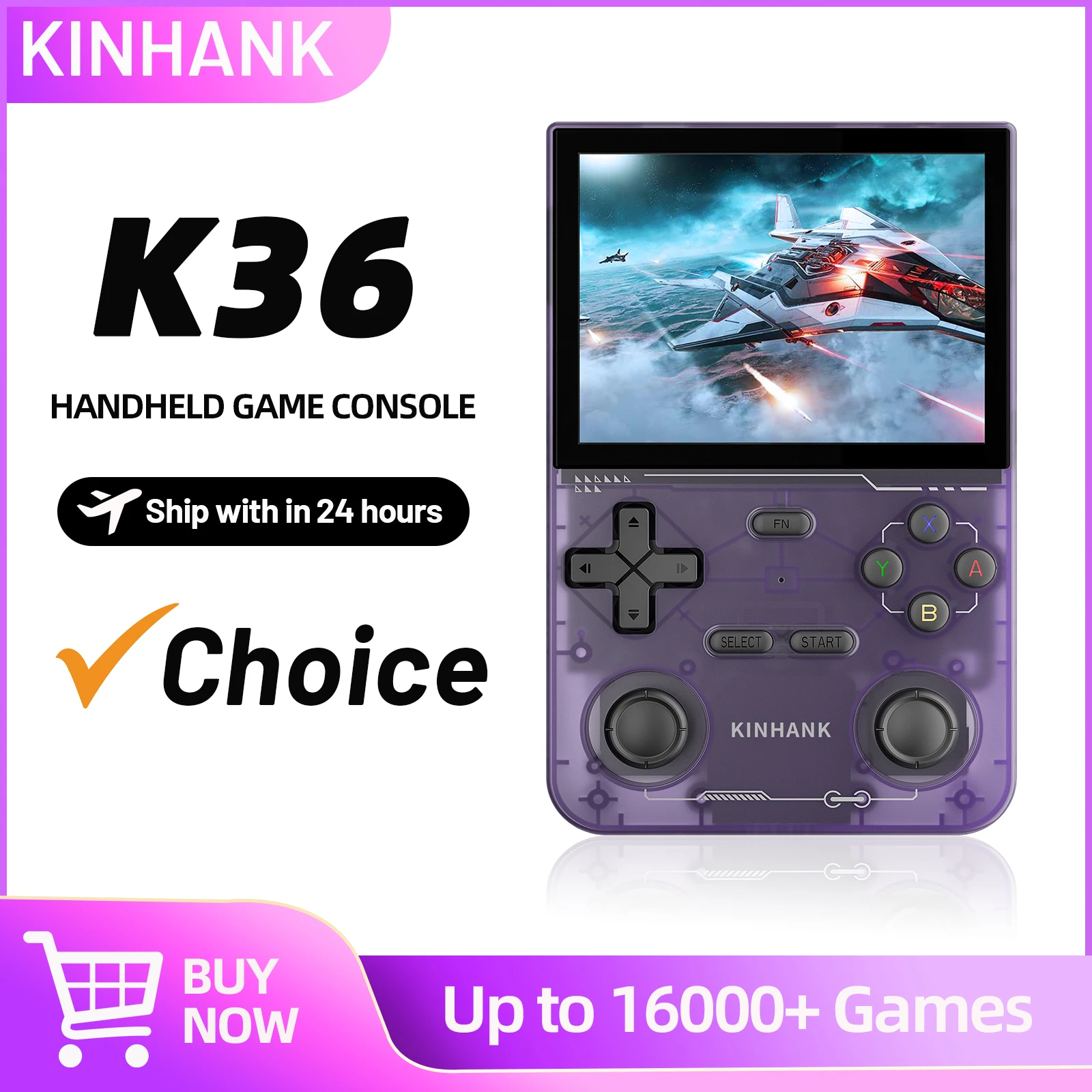 KINHANK Open Source K36 Handheld Game Console 16000 Games Emulator for PS1/PSP/DC/N64/SS 500nit 3.5 Inch IPS Screen