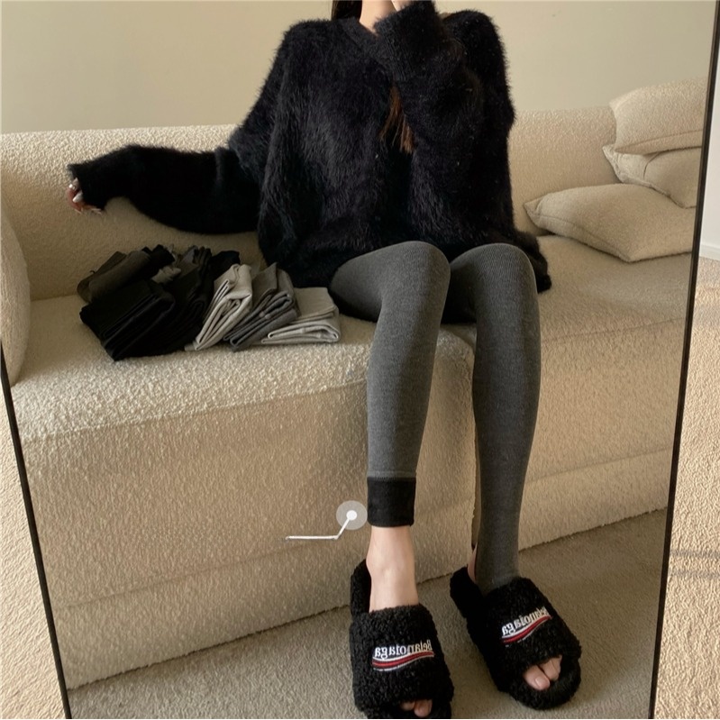 Spring New plus Size Fleece Lined Thickened Footwear Tight Warm Women's Leggings Inner Slimming Grey Outerwear Base Layer Pants