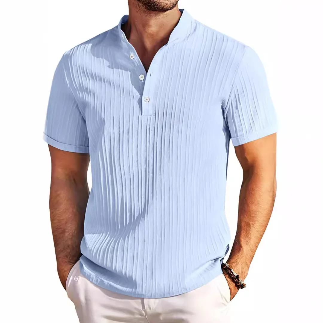 Nueva camisa Henry a rayas de algodón y lino bordada de alta gama para hombre, camiseta informal de verano a la moda, cómoda y transpirable