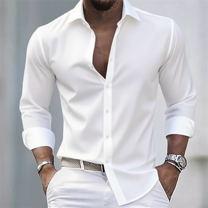 Camisa blanca informal de color sólido para hombre, tela elástica informal de manga larga a la moda, camisa formal de negocios, tela cómoda