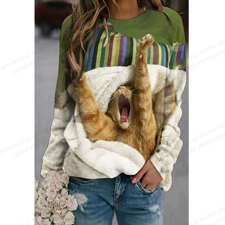 おかしい猫パーカー女性ファッション Y2k パーカートレーナーロバプリントパーカー O ネック服動物プルオーバーかわいいスウェットガールコート
