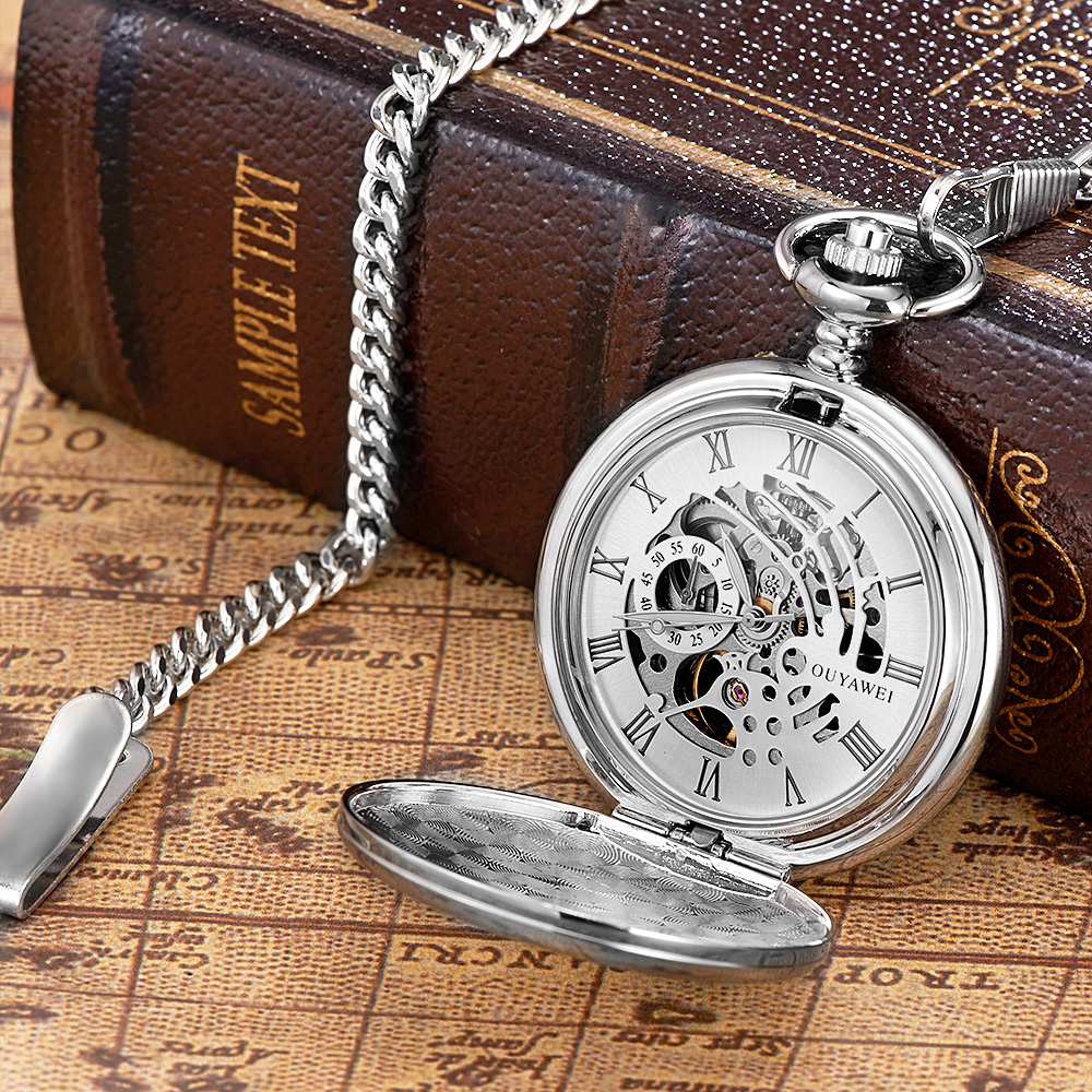 Reloj de bolsillo mecánico de acero inoxidable para hombre, esfera con mecanismo al descubierto informal a la moda, relojes de cadena Fob mecánicos de cuerda a mano dorados de lujo para hombre
