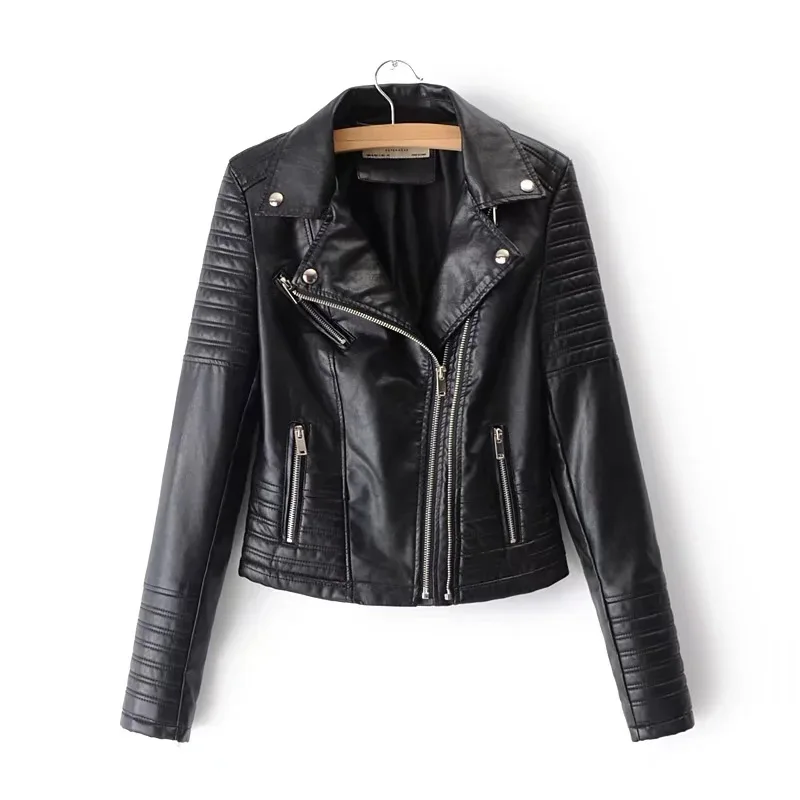 แจ็คเก็ตหนังผู้หญิง Turndown Collar Pu รถจักรยานยนต์สีดํา Punk Coat หญิง Rivet Zipper Jacket
