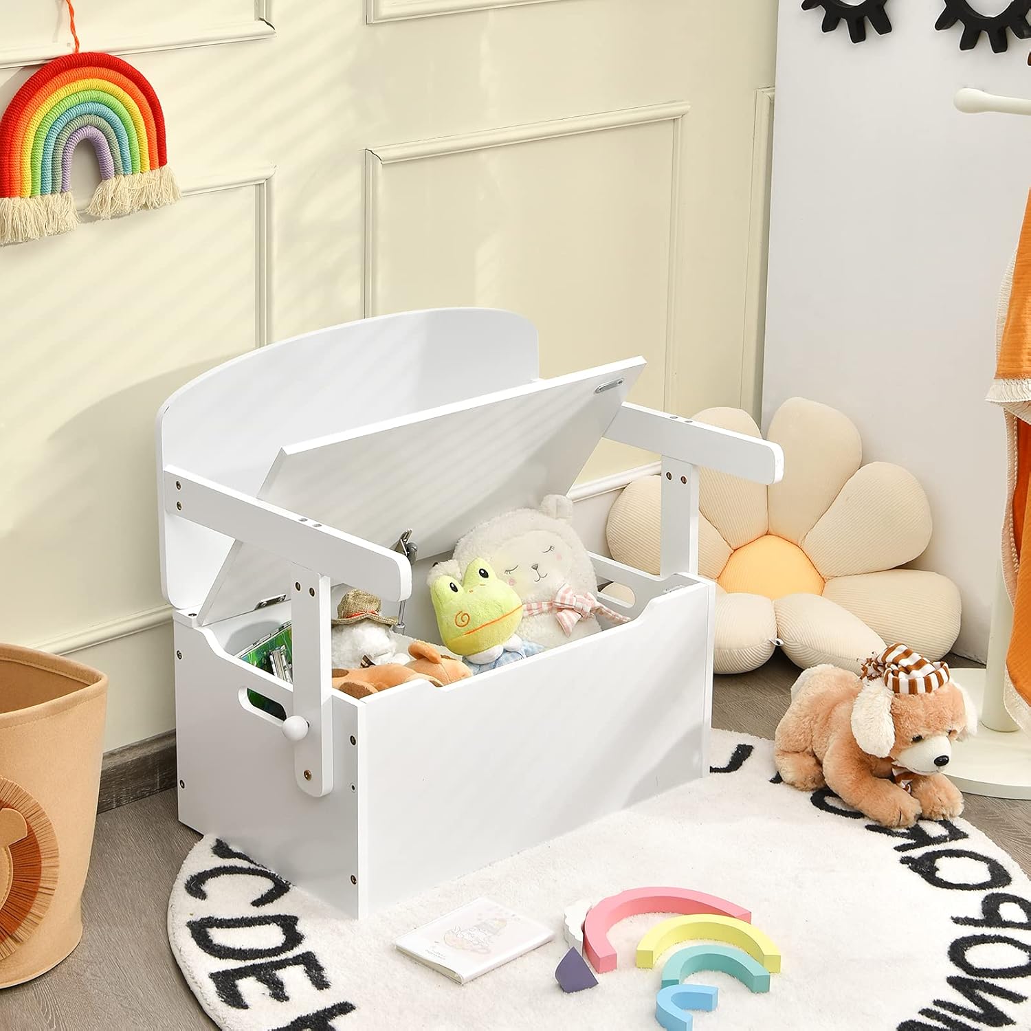 3-in-1-Kindertisch mit Bank, Sitzgarnitur mit Stauraum und Decke, von 3 bis 7 Jahren, 60 x 34 x 57 cm (weiß)