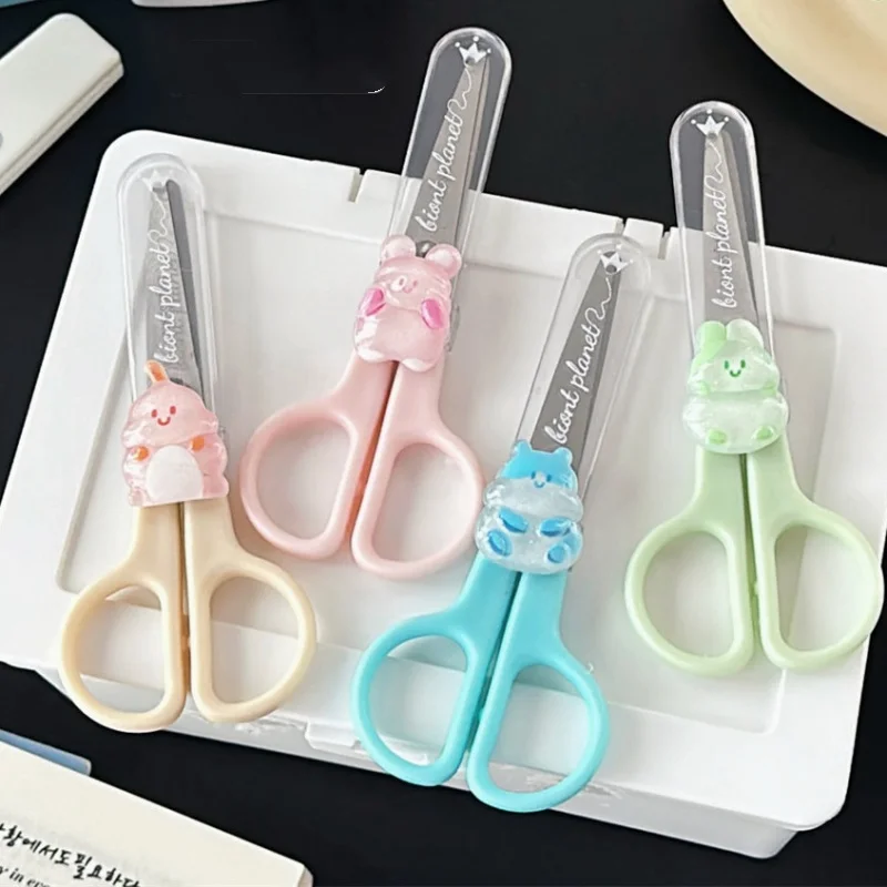 Mini tijeras bonitas de papelería para estudiantes, tijeras de papel con dibujos de animales, oso, conejo, suministros de oficina/estudiantes, 1 ud.