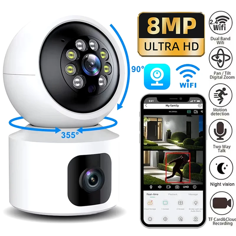 Cámara WIFI 4K de 8MP, cámara de vigilancia interior de seguridad para el hogar, Monitor para mascotas y bebés, seguimiento automático, Audio bidireccional, cámara IP PTZ inalámbrica