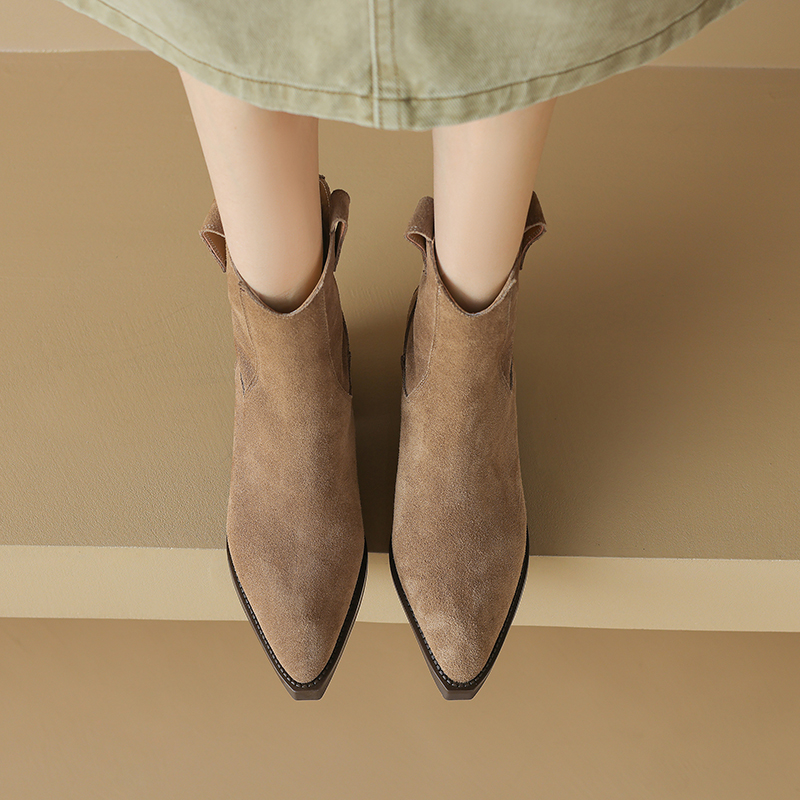 Botas occidentales de gamuza de vaca para mujer, botines Retro de tacón medio con cremallera trasera y punta estrecha, color negro, marrón y caqui, para Otoño e Invierno