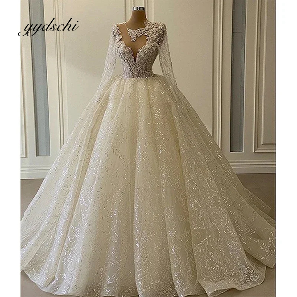 Personalizado de luxo organza apliques lantejoulas vestido de baile vestidos de casamento para as mulheres 2025 até o chão vestido de noiva novia