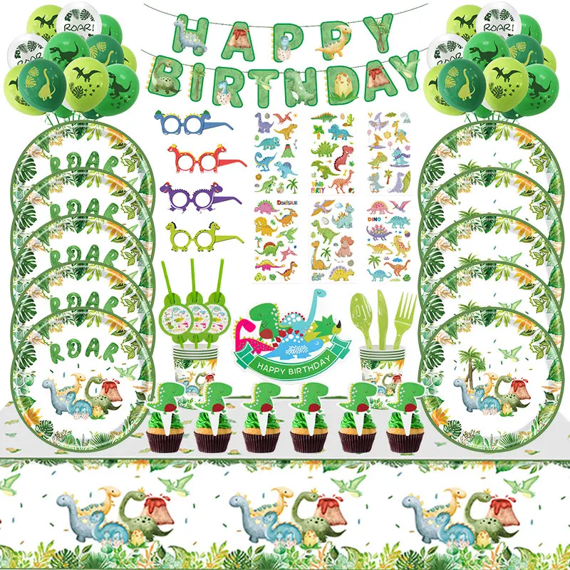 Decoración de fiesta de cumpleaños de dinosaurios, vasos de papel, platos, mantel, telón de fondo de paja, vajilla, globos, suministros para fiesta de bebés y niños
