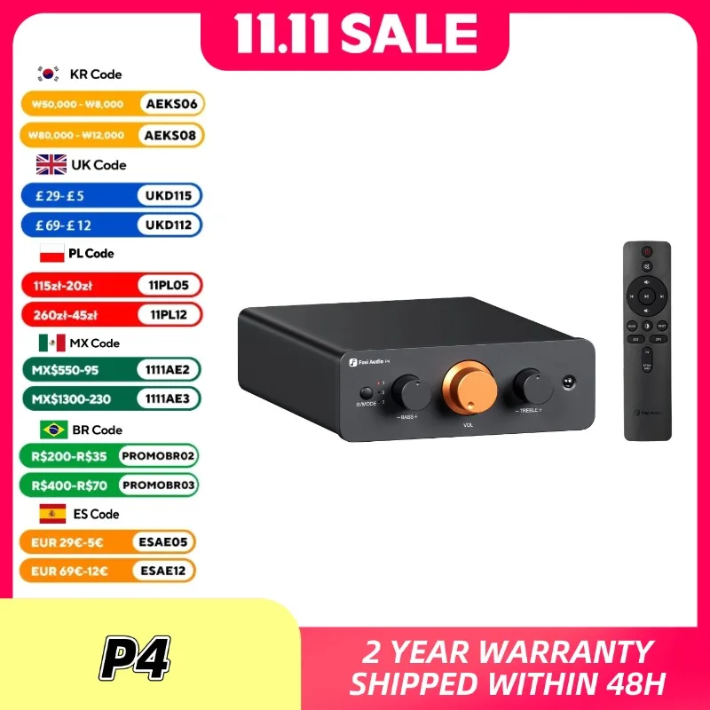 Fosi Audio P4 HiFi предусилитель: 3 входа RCA, эквалайзер/разъем, сменные операционные усилители, контроль высоких и низких частот для аудиофильских систем