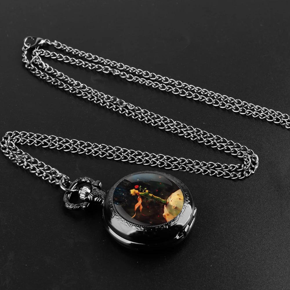 Príncipe e rosa cúpula relógio de bolso com corrente algarismos árabes dial vintage masculino feminino colar pingente relógio melhor presente para crianças