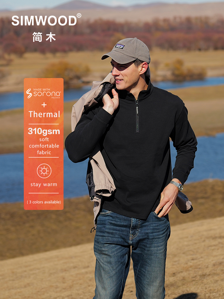 SIMWOOD 2025 봄 뉴 레귤러 피트 경량 310gsm Sorona Thermal Fabric 하프 지퍼 스웨터 남성 풀오버