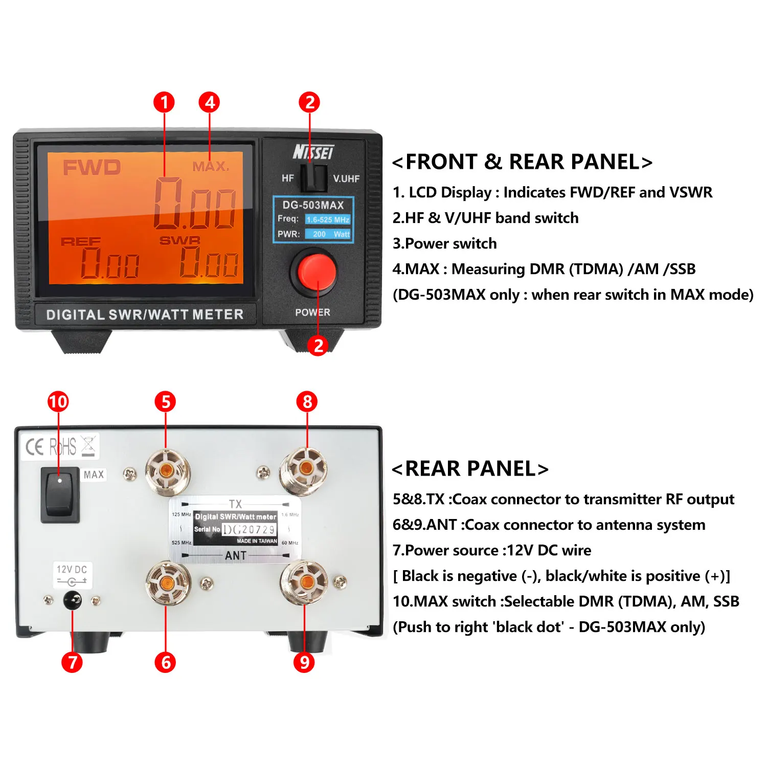 NISSEI DG-503MAX DMR/SSB/AM HF 1,6-60 МГц и V.UHF125-525 МГц 200 Вт Walkie Talkie Цифровой КСВ Ваттметр DG-503 MAX