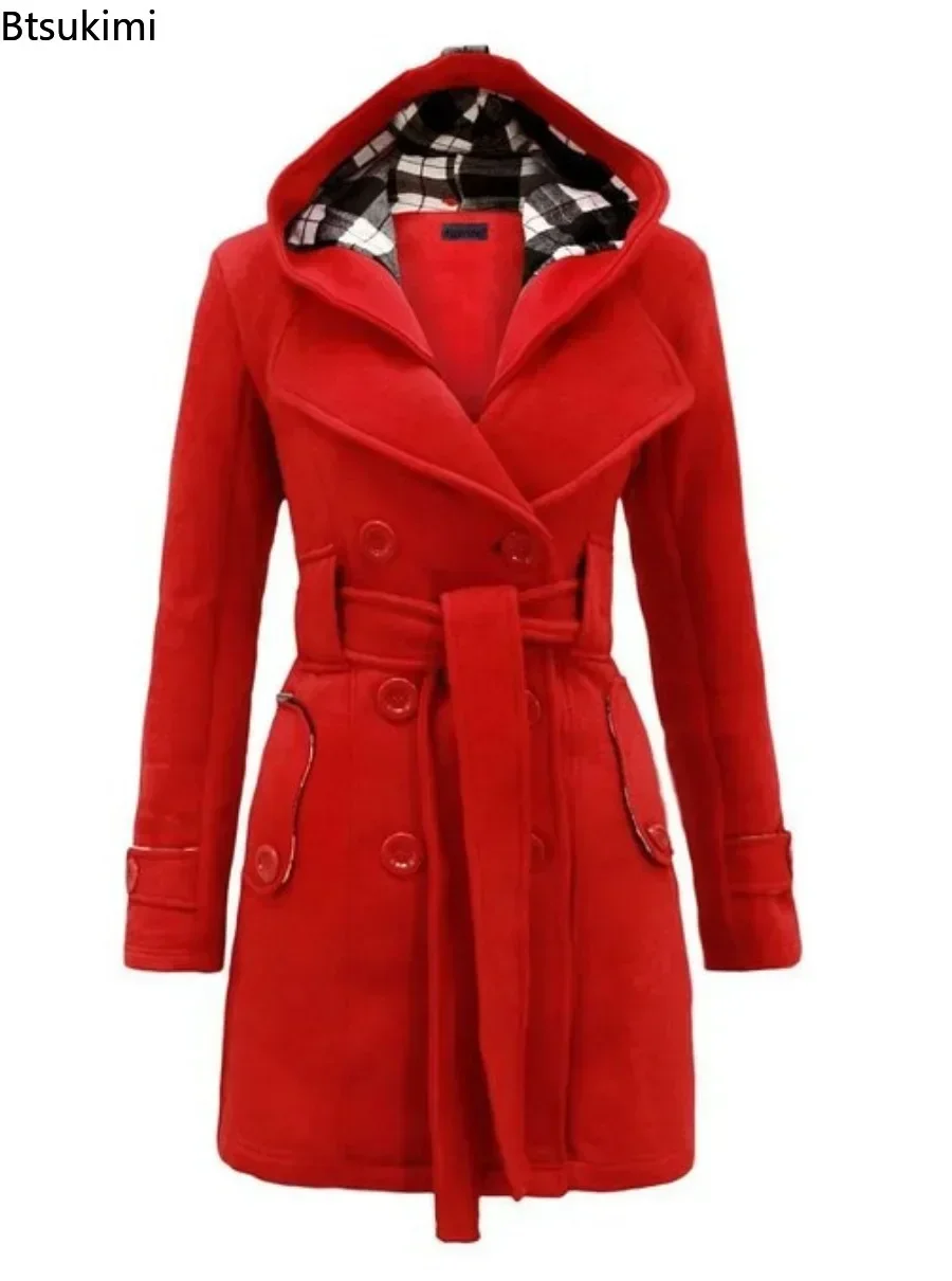 2025 herbst frauen Mit Kapuze Mantel Trend Zweireiher Design Gürtel Seitentaschen Plaid Splice Woolen Mäntel Winter Jacke Femme