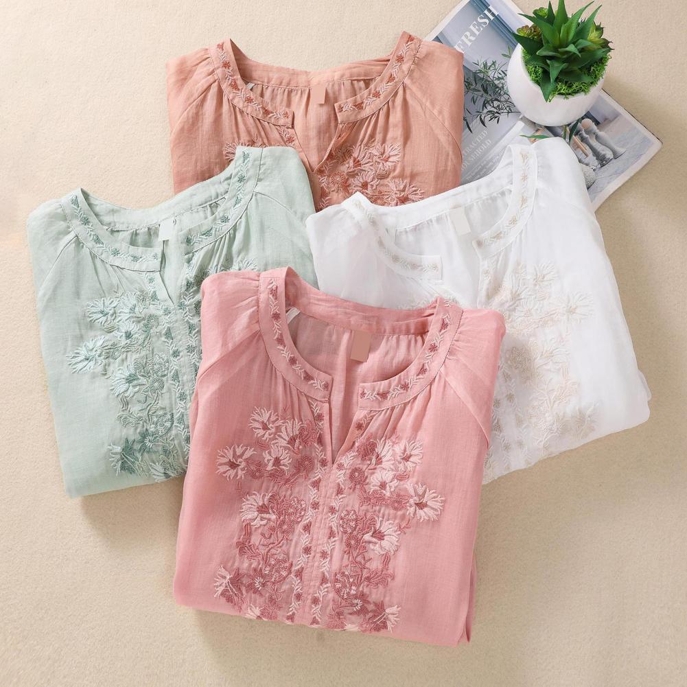 Cotton Linen Flower Embroidery Shirt Women Three Quarter Sleeves V Neck Casual Blouse Loose Solid Color Mother Blouse Women Top