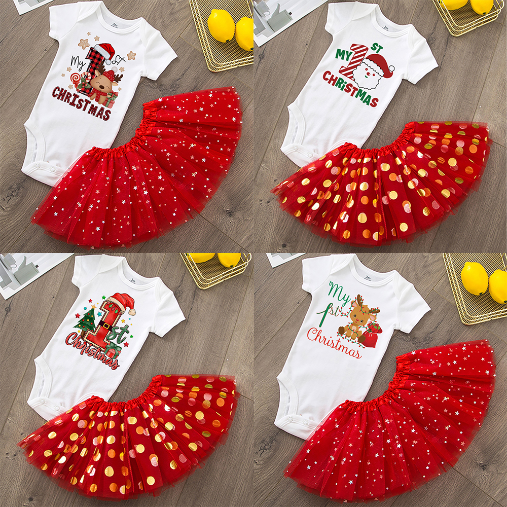Mijn 1e kerstprint baby meisjes cake smash jurken outfits pasgeboren kerstfeest tutu + bodysuit jurk set babydoopkleding