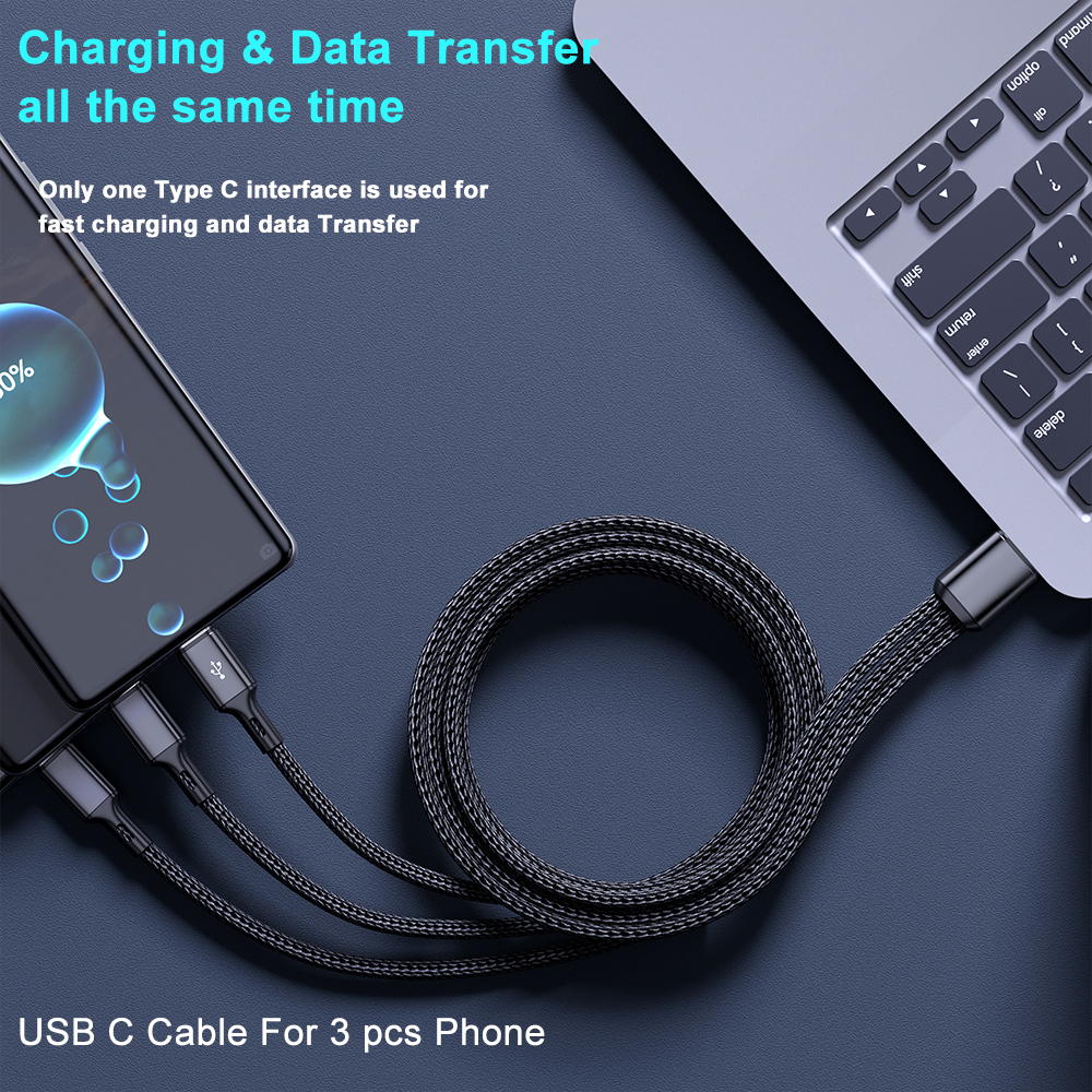 3 In 1 USB-Typ C 100 W Schnellladung USB A-3Typ-C Datenkabel für Samsung S24 Xiaomi Huawei Android USB C Datenübertragungskabel