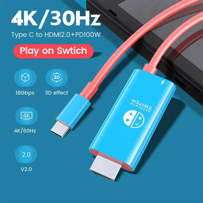 Câble de Conversion USB Type C vers HDMI Portable, 2m, 4k, 30Hz, pour Mode d'accueil TV sur Nintendo Switch Steam Deck