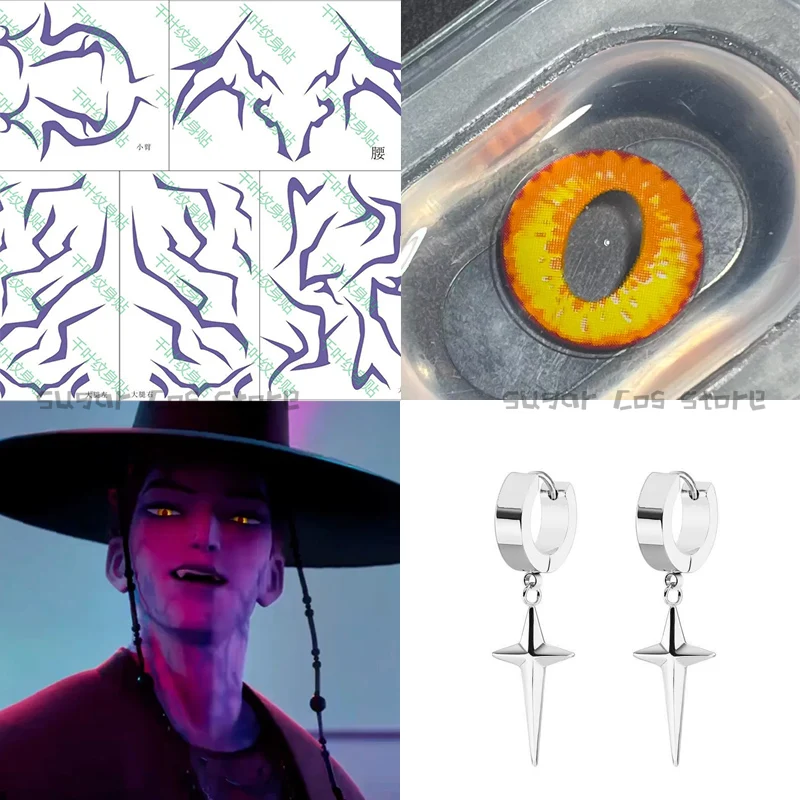 K-Pop Demon Hunters Jinu Saja Boys Cosplay Props Tattoo Sticker Earring Villains Stage Roleplay Suit Halloween Mens Accessories