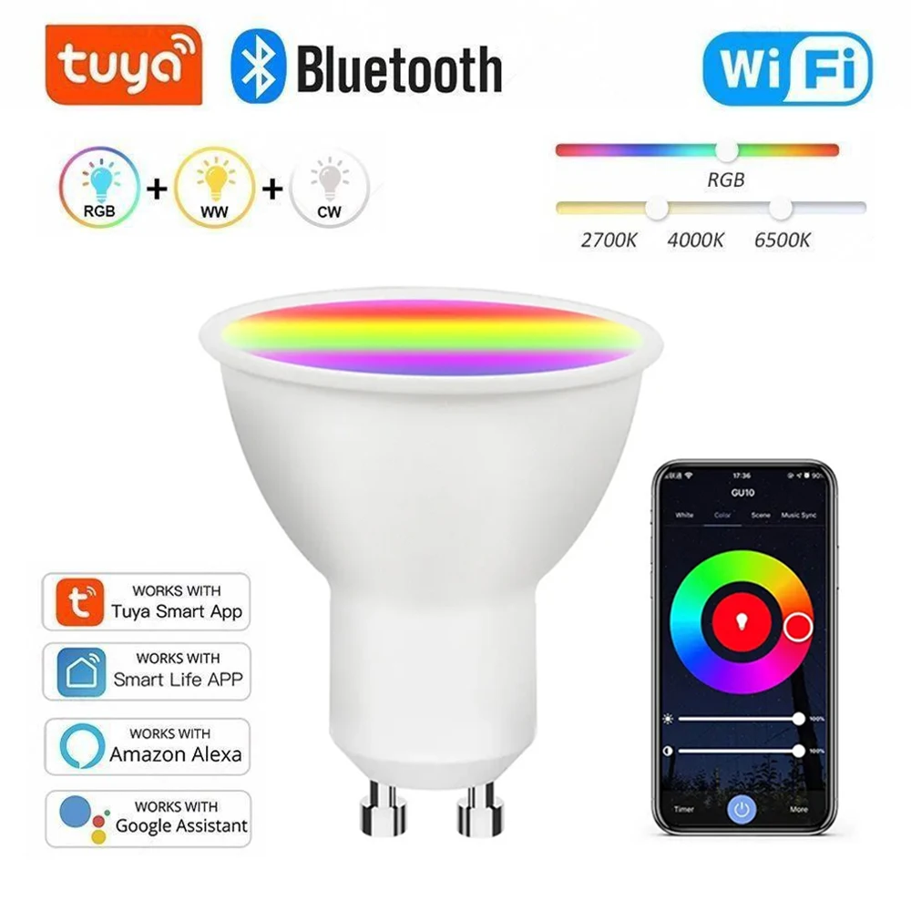 Tuya GU10 Lampadina intelligente dimmerabile Lampade a LED WiFi o Bluetooth Lampadina per faretti di controllo app Smart Life Funziona con Alexa Google