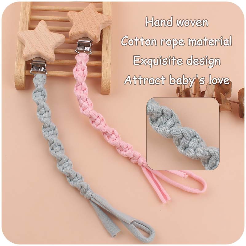 Baby Beech Wood Pentagram Pacifier Clip Handmade Woven Cotton Soother Nipple Chain For Baby Nursing Teether Chewing Toys Gift