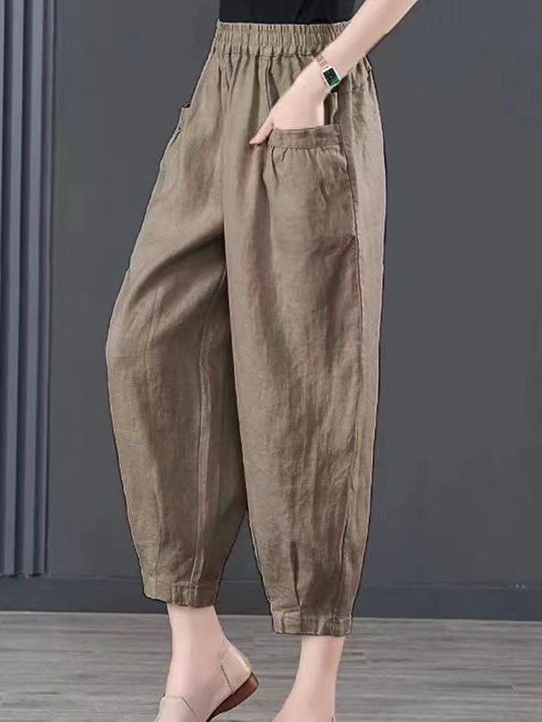 High Waist Cotton Linen Women's Pants Loose Trousers Summer 2025 Asymmetrical Commute Sle Nine Points Lantern Pants