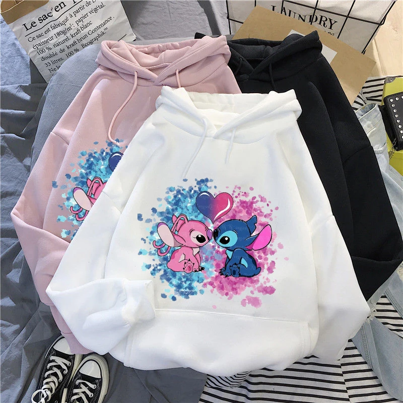 Disney Stitch Hoodies ผู้หญิง Harajuku Pullovers น่ารัก Kawaii เสื้อลําลอง O-Neck Angel พิมพ์ Hooded Sweatshirt แขนยาว