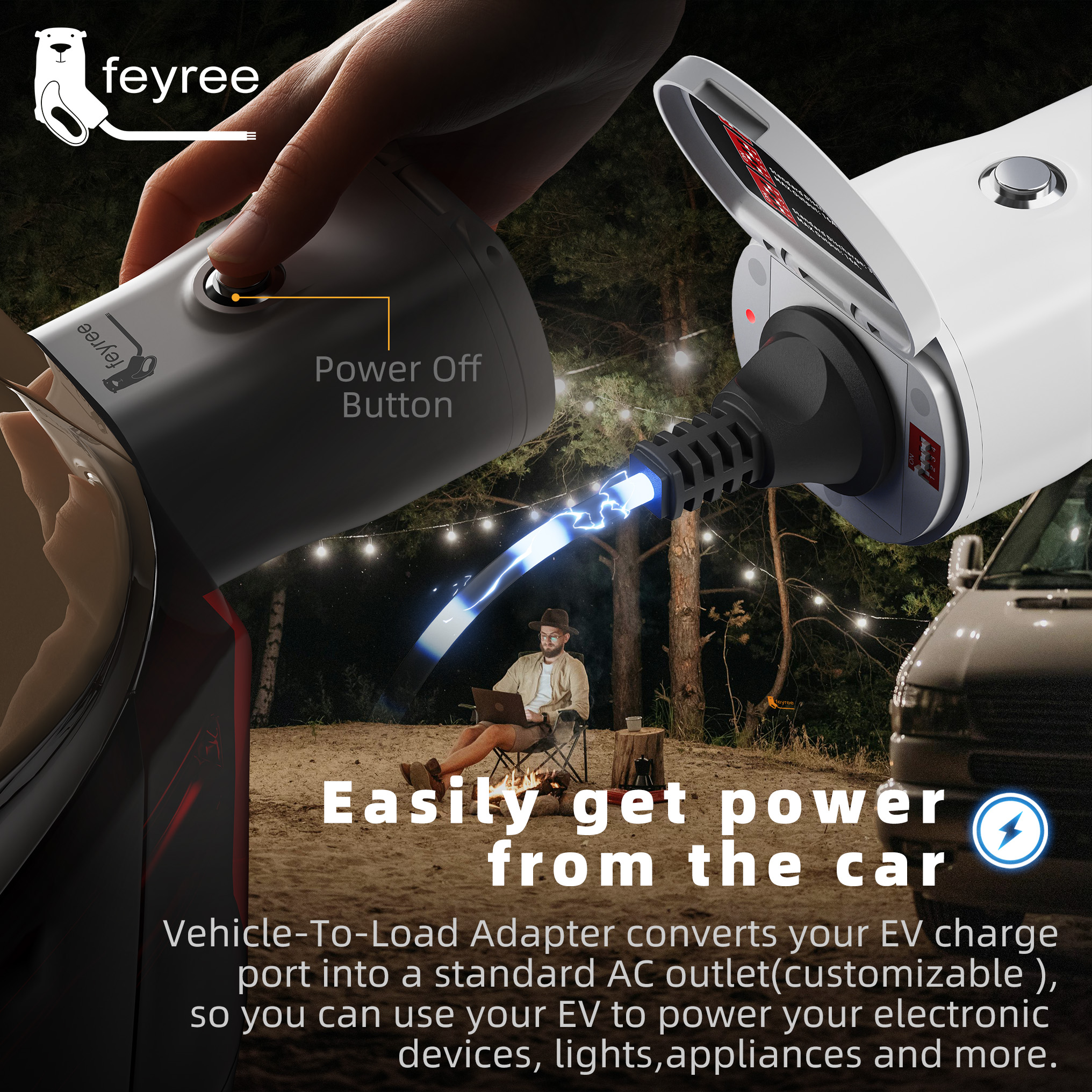 Adaptador de descarga EV feyree GB/T com proteção contra temperatura e luz elétrica - interruptor ajustável para carros chineses EV V2L para uso em acampamento