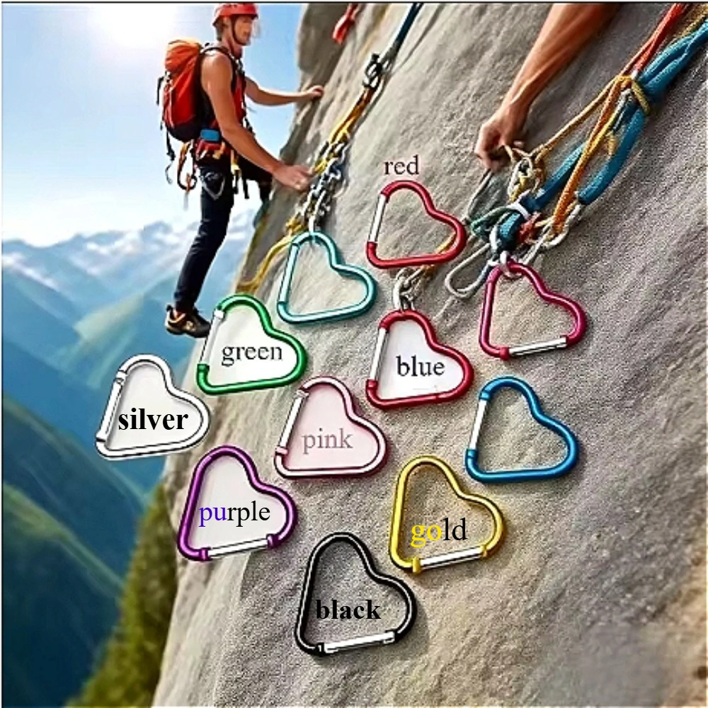 Chaveiro de metal em forma de coração, mosquetão esportivo ao ar livre, escalada, acampamento, fivela, kit multiviagem, gancho, chaveiro pendurado, 5 peças