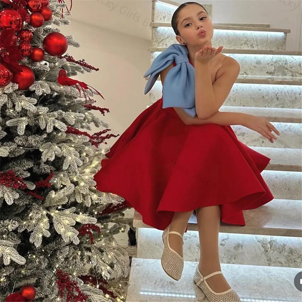Vestidos Vintage de flores rojas para niña, un hombro hasta la rodilla, vestidos de cumpleaños para niños, lazos, sesión de fotos para niñas pequeñas, vestidos de invitados de boda