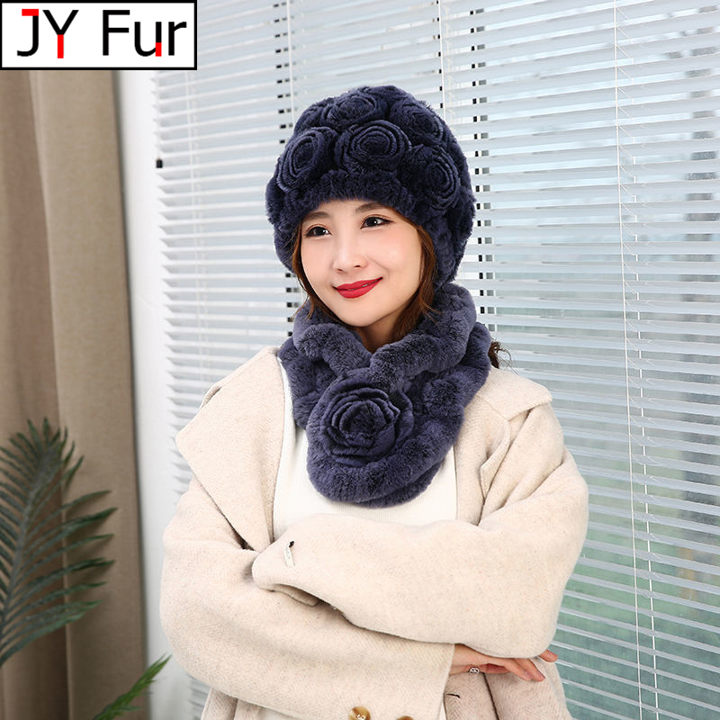 2025 neue Frauen Winter Pelzmütze Schal Sets Natürliche Warme Echt Rex Kaninchen Pelz Kappe Schals Dame Gestrickte 100% echte Pelz Hüte Schalldämpfer