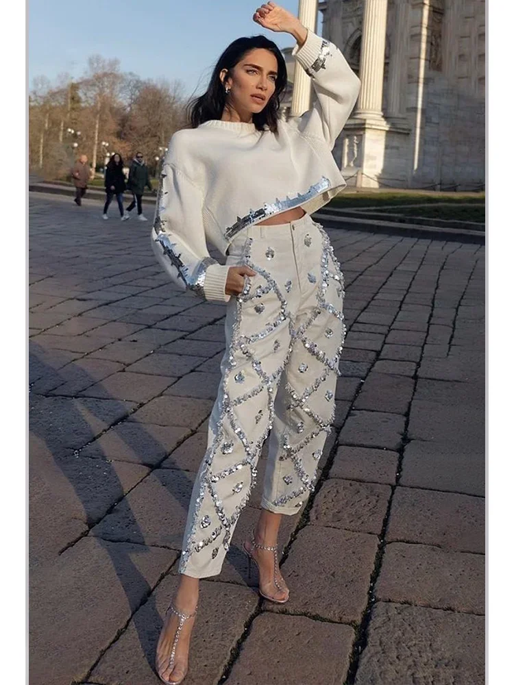 Suéter de punto con lentejuelas para mujer, Top corto informal de cuello redondo, jersey de manga larga, sudaderas con capucha de punto, prendas de vestir exteriores elegantes de moda, otoño