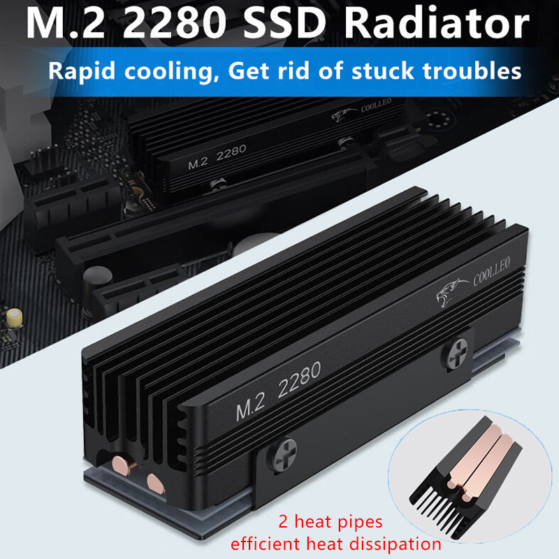 Disipador de calor COOLLEO M.2 2280 SSD con almohadilla térmica de 14,8 W/MK, 2 tubos de calor, radiador de unidad de estado sólido para enfriador SSD M.2 NVMe 2280