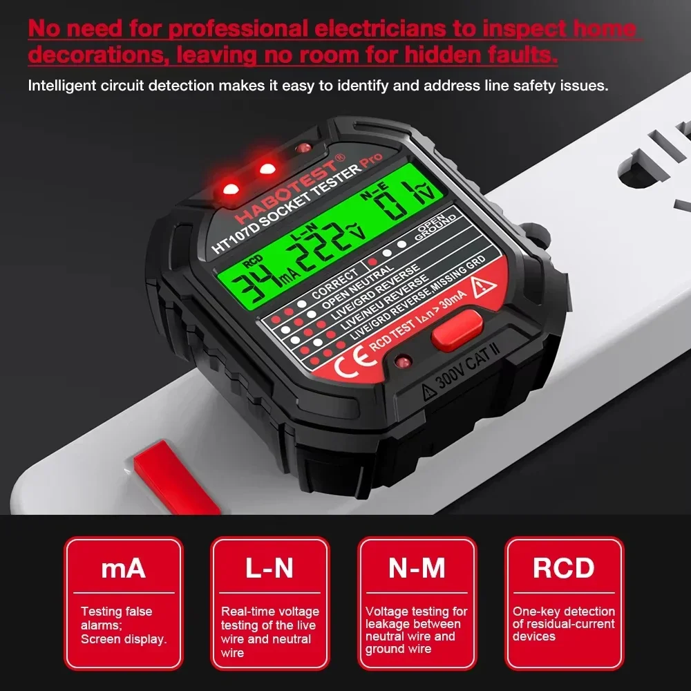 하보테스트 HT107 소켓 테스터 프로 전압 테스트 RCD 30mA 소켓 감지기 영국 EU 플러그 접지 제로 라인 플러그 극성 위상 검사