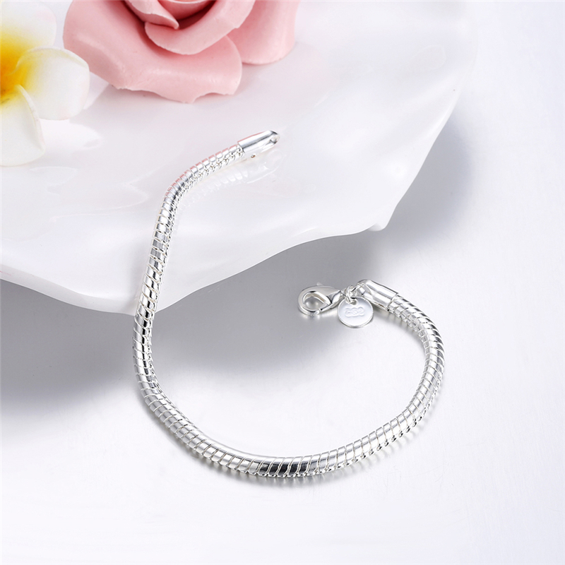 LiHong-pulsera de plata de ley 925 para mujer, cadena de serpiente de 3mm, base de 8 pulgadas, abalorio para boda, compromiso, joyería para fiesta