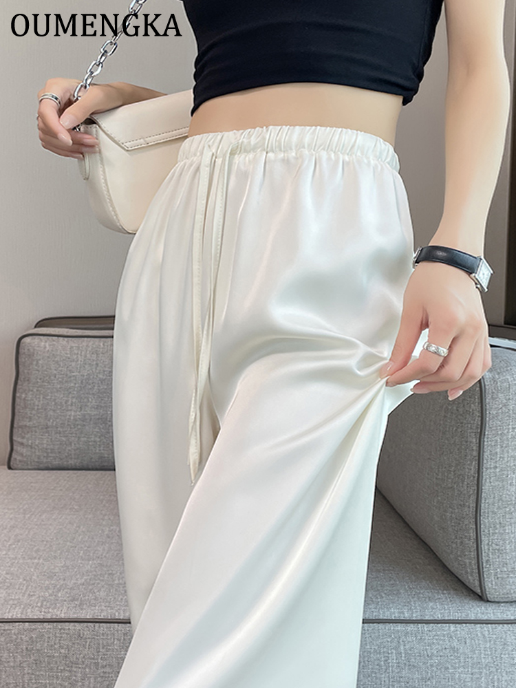 OUMENGKA femmes été couleur unie Satin taille élastique cordon ample jambe droite pantalon décontracté lisse coupe ample pantalon