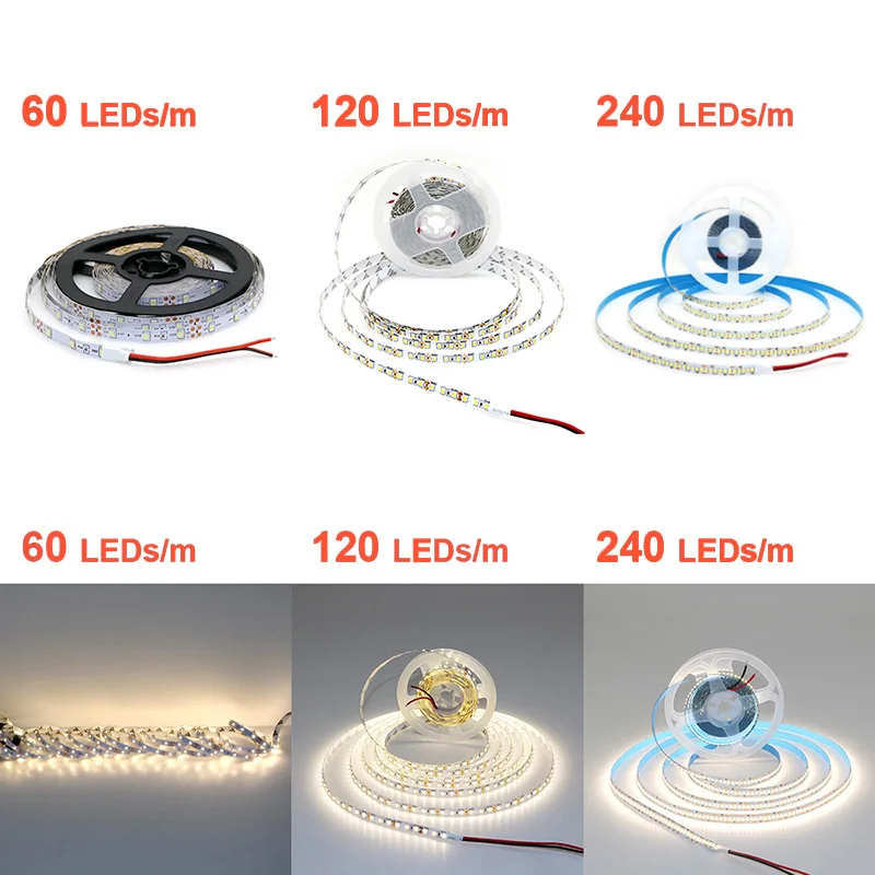 12V 24V LED Strip 2835 120 LEDs/m โคมไฟแถบสีชมพูสีแดงน้ําแข็งสีฟ้าสีเขียวสีเหลืองทองสีส้มยืดหยุ่นกันน้ํานุ่มโคมไฟบาร์