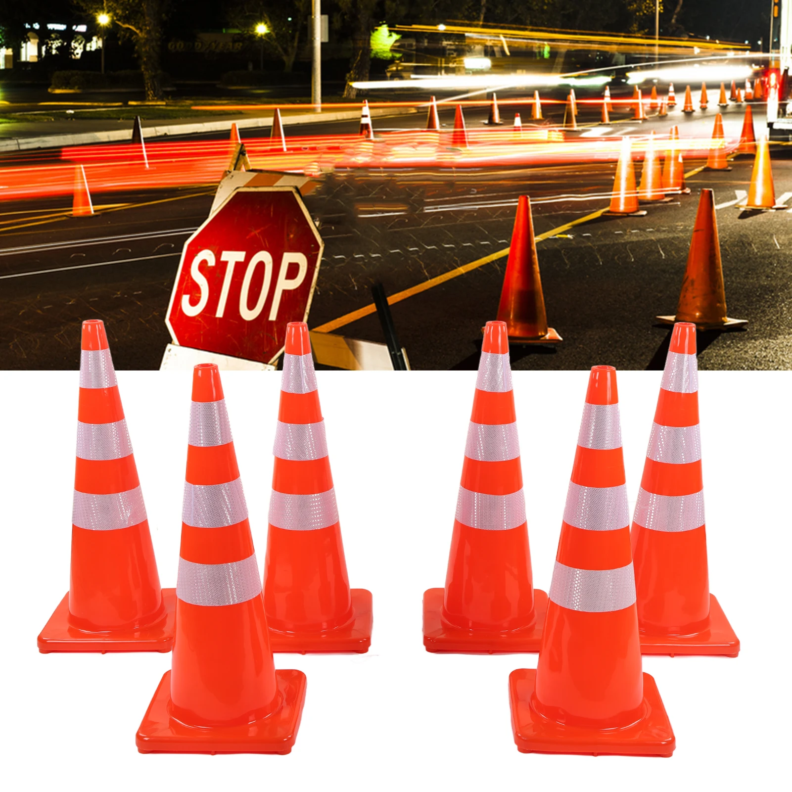 6Pcs Traffic Cones Weather Resistant Reflective Square Base Road Cones for Parking Lot Camping Red