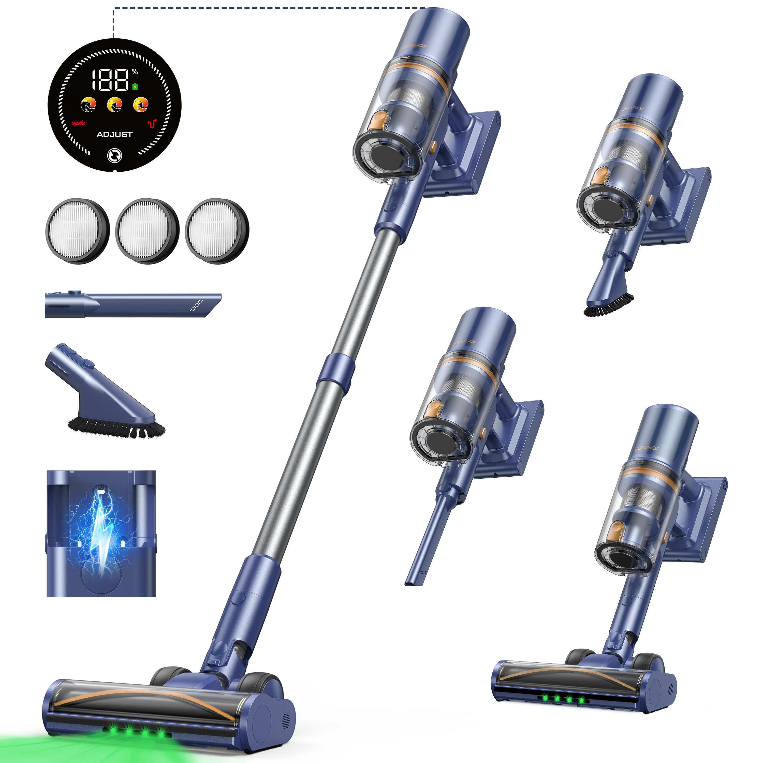 Aspirapolvere senza fili ultra resistente Laresar V11 650W 75000PA, lunga durata di 90 minuti, batteria rimovibile e aspirapolvere con display intelligente