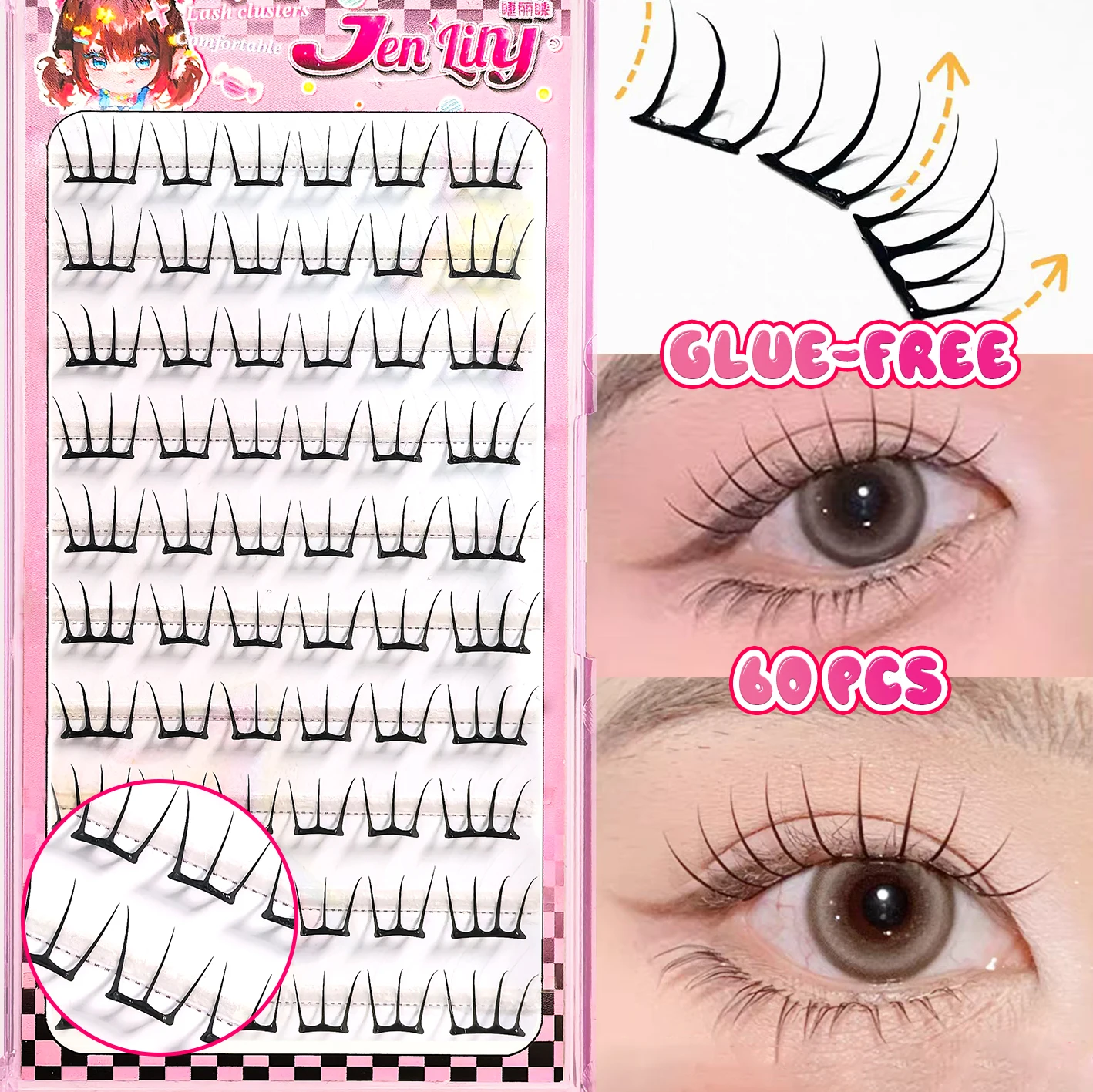 Cílios postiços elegantes coreanos, design inspirado em K-pop, quadrinhos fofos agrupados, finos, autoadesivos, perfeitos para todos os dias
