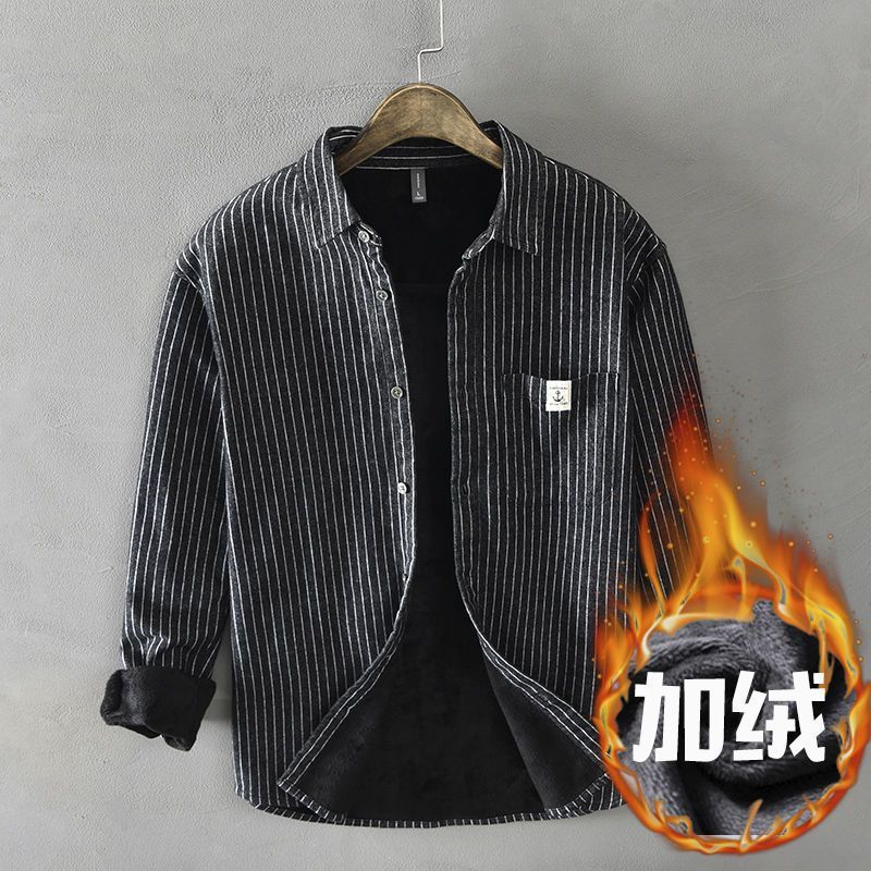 Camisa informal de rayas verticales para hombre, abrigo de algodón de manga larga, camisas con botones, Tops diarios cómodos, más terciopelo, Otoño e Invierno