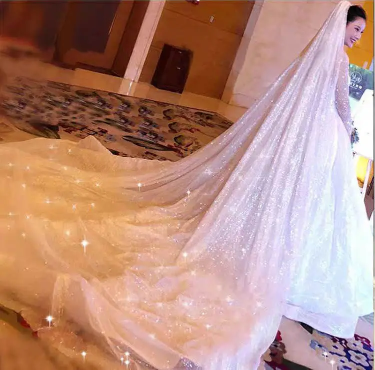 ผ้าคลุมหน้าเจ้าสาว3M ยาวหรูหราหนึ่งชั้นผ้าคลุมหน้าสำหรับงานแต่งงานสีขาวเป็นประกายวิบวับ