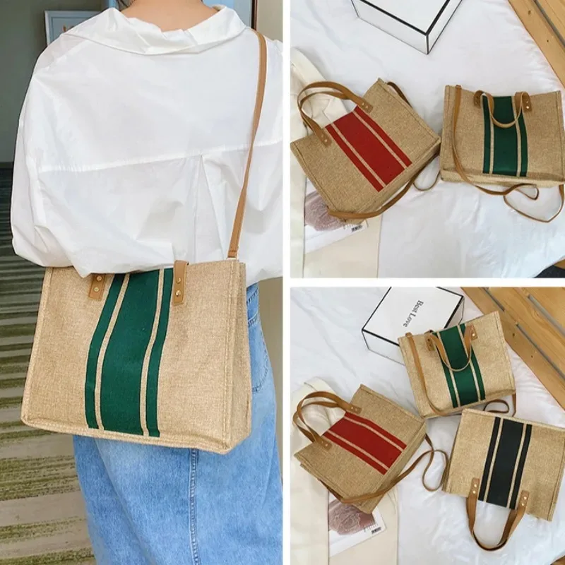 Eenvoudige damestas met grote capaciteit, casual schoudertas, canvas gestreepte decoratieve emmervormige handtas, handtas met handvat aan de bovenkant