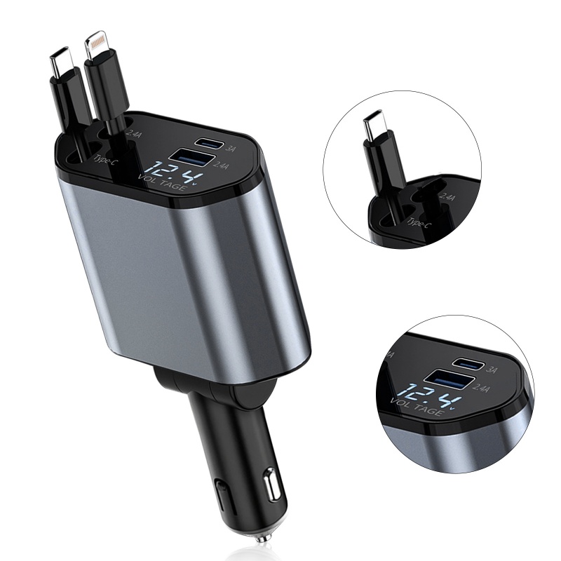 Carregador de carro retrátil, carregador de carro de carregamento rápido 4 em 1 120W, cabo retrátil e 2 portas USB compatível com adaptador de carregador de carro