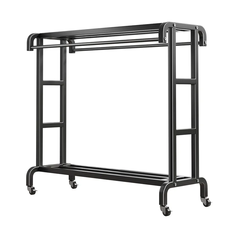 Movable Coat Rack With Universal Wheels Multifunctional Double-deck Simple Clothes Hanger Floor-Standing Bedroom Wardrobe
