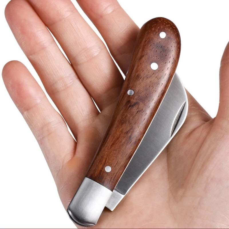 Cuchillo de injerto de jardín de acero inoxidable, Herramienta de bolsillo plegable EDC, mango de madera, utensilios de Camping, electricista, seta, 10cm