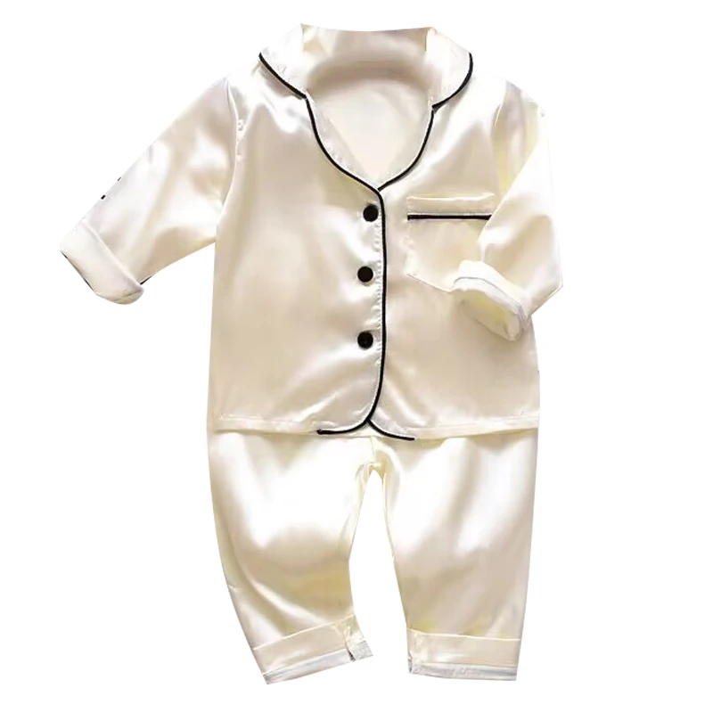 Versione coreana del pigiama per bambini set top a maniche lunghe in raso di seta + pantaloni set in tinta unita per bambina in due pezzi
